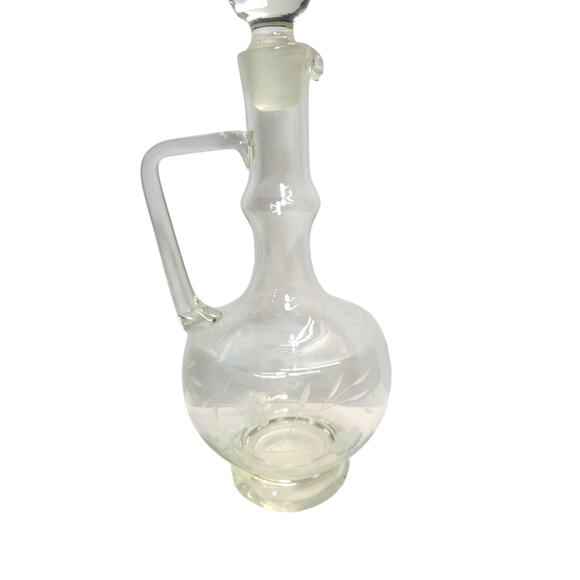 Vintage Wine Decanter, Clear Glass Floral Etched, Stopper - Picture 2 of 5